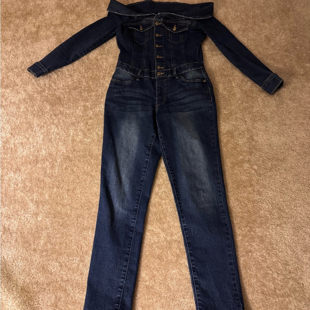 VENUS Dark Blue Off-Shoulder Denim Jumpsuit